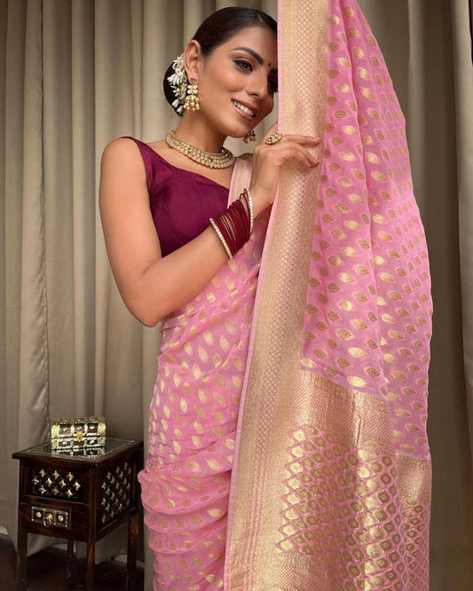 Innovative Pink Soft Banarasi Silk Saree With Eclat Blouse Piece