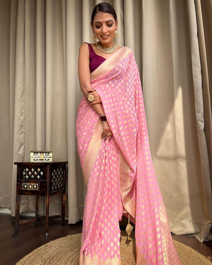 Innovative Pink Soft Banarasi Silk Saree With Eclat Blouse Piece