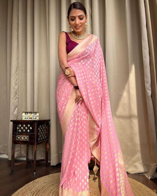 Innovative Pink Soft Banarasi Silk Saree With Eclat Blouse Piece