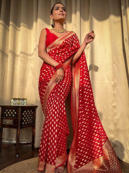 Marvellous Red Soft Banarasi Silk Saree With Nebula Blouse Piece