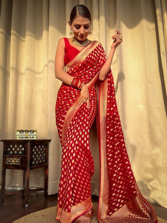 Marvellous Red Soft Banarasi Silk Saree With Nebula Blouse Piece
