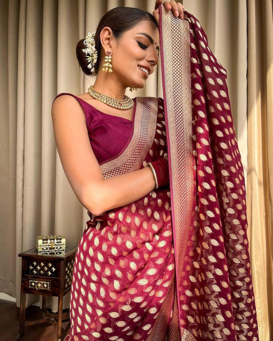Trendy Wine Soft Banarasi Silk Saree With Tantalizing Blouse Piece