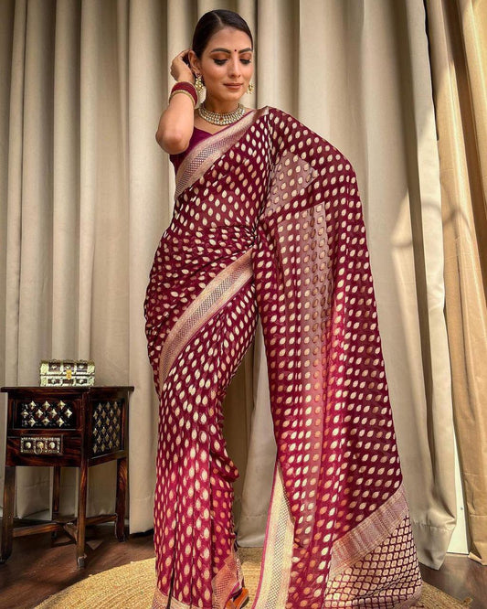 Trendy Wine Soft Banarasi Silk Saree With Tantalizing Blouse Piece