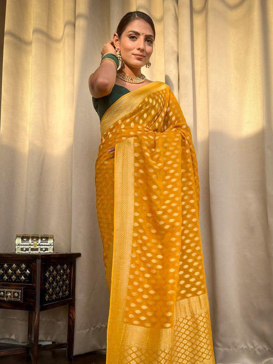 Stunning Yellow Soft Banarasi Silk Saree With Mellifluous Blouse Piece