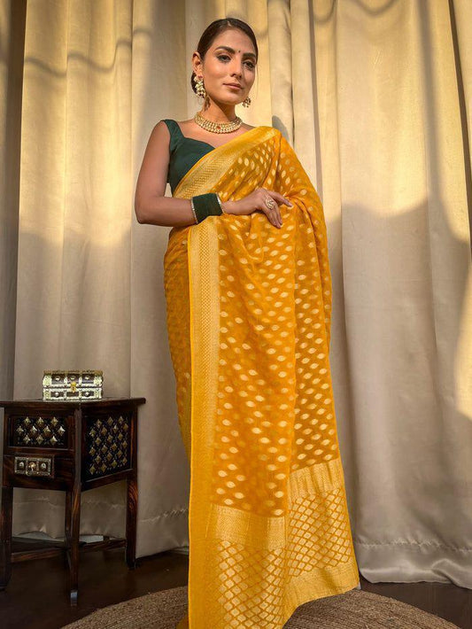 Stunning Yellow Soft Banarasi Silk Saree With Mellifluous Blouse Piece