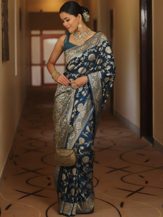 Jubilant Navy Blue Soft Silk Saree With Luminous Blouse Piece