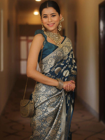 Jubilant Navy Blue Soft Silk Saree With Luminous Blouse Piece