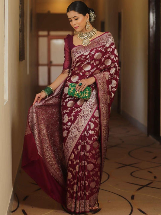 Fugacious Wine Soft Silk Saree With Inspiring Blouse Piece