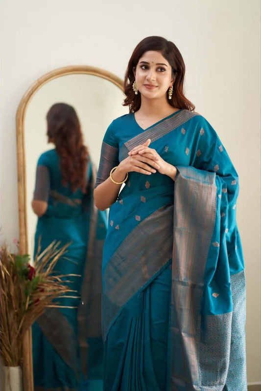 Luxuriant Firozi Soft Banarasi Silk Saree With Splendorous Blouse Piece