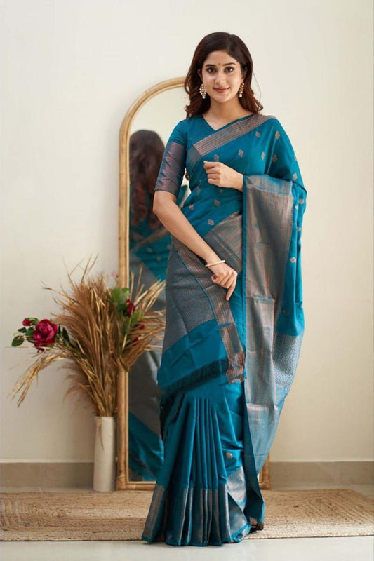 Luxuriant Firozi Soft Banarasi Silk Saree With Splendorous Blouse Piece
