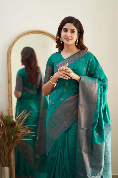 Luxuriant Rama Soft Banarasi Silk Saree With Splendorous Blouse Piece