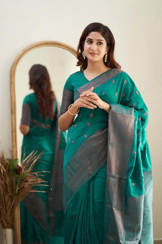 Luxuriant Rama Soft Banarasi Silk Saree With Splendorous Blouse Piece
