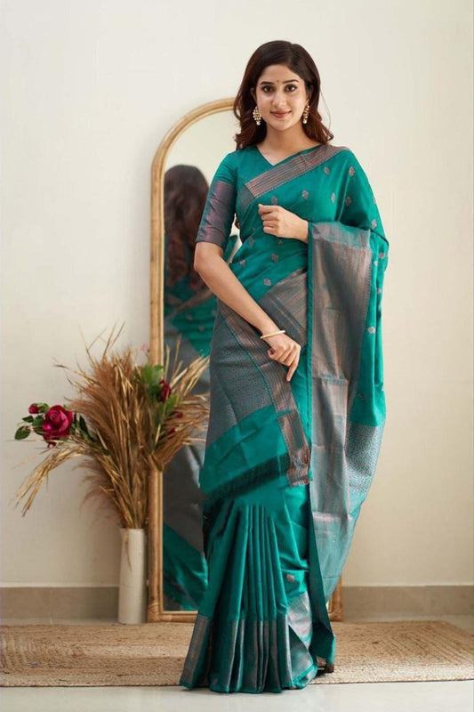 Luxuriant Rama Soft Banarasi Silk Saree With Splendorous Blouse Piece