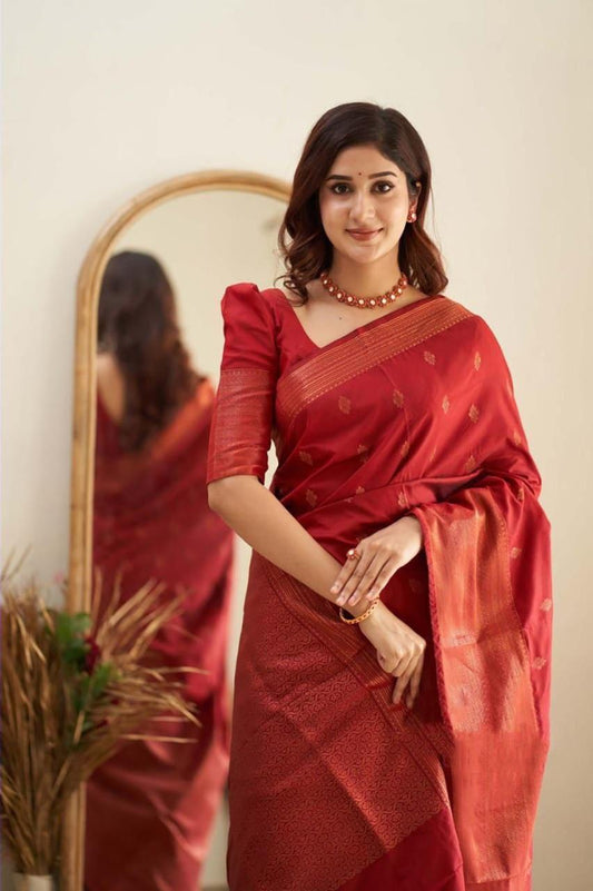 Luxuriant Wine Soft Banarasi Silk Saree With Splendorous Blouse Piece