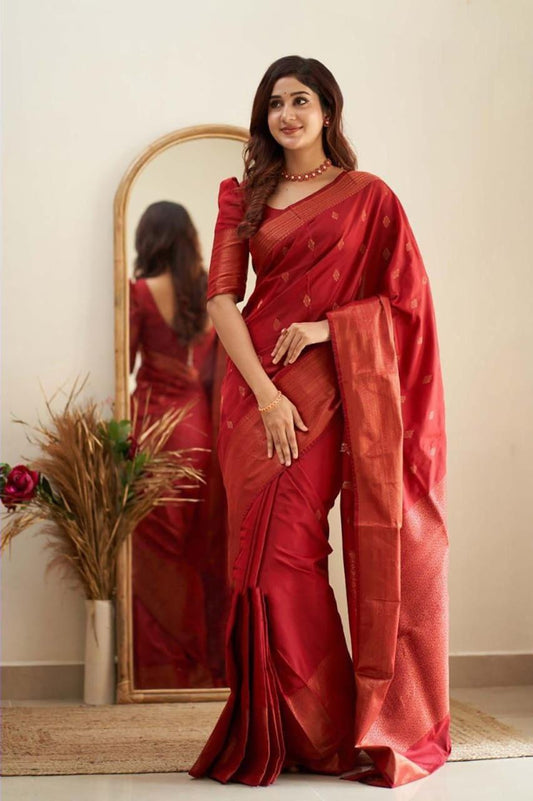 Luxuriant Wine Soft Banarasi Silk Saree With Splendorous Blouse Piece