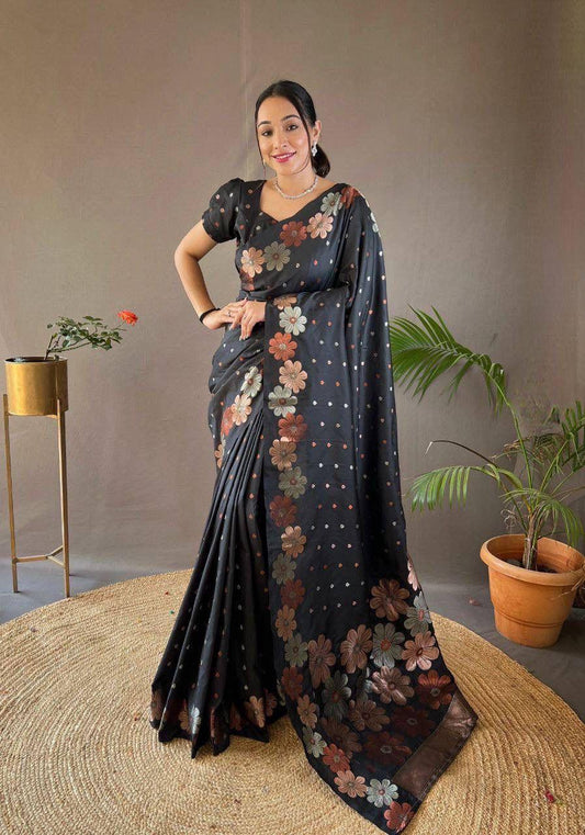 Prominent Black Soft Banarasi Silk Saree With Flattering Blouse Piece