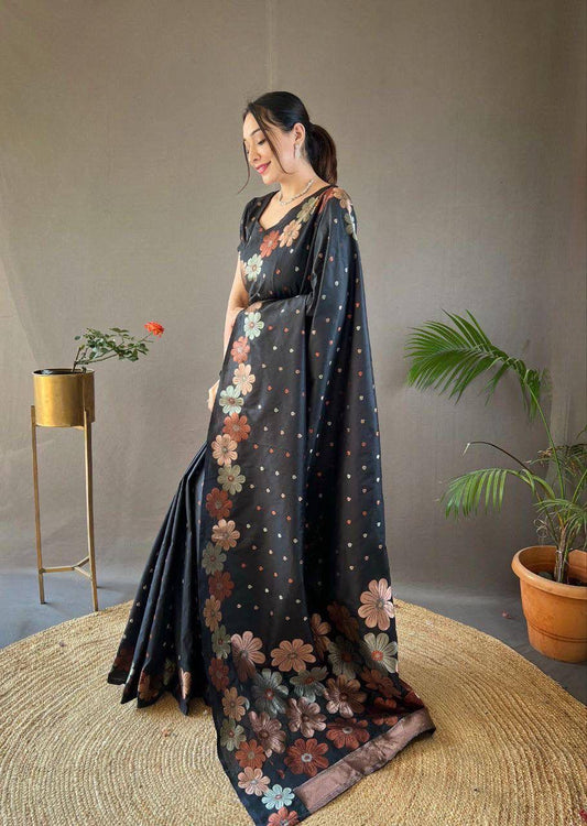Prominent Black Soft Banarasi Silk Saree With Flattering Blouse Piece