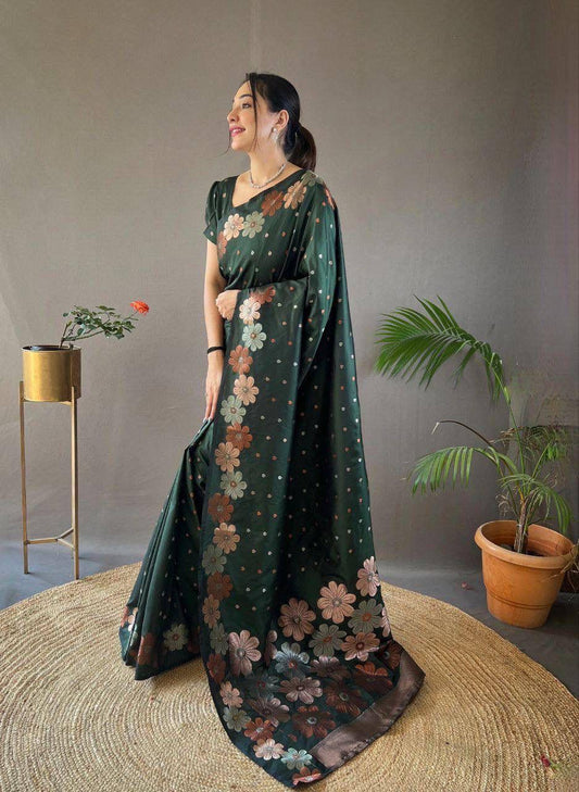 Blooming Dark Green Soft Banarasi Silk Saree With Sensational Blouse Piece