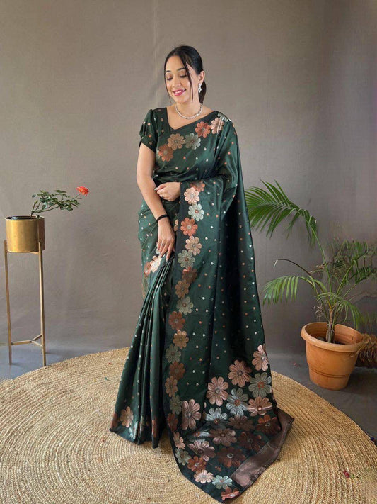 Blooming Dark Green Soft Banarasi Silk Saree With Sensational Blouse Piece