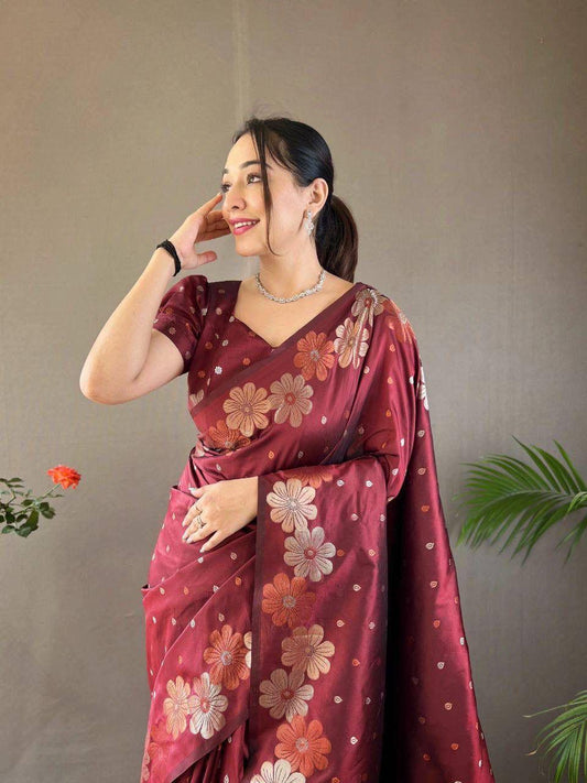 Energetic Maroon Soft Banarasi Silk Saree With Capricious Blouse Piece