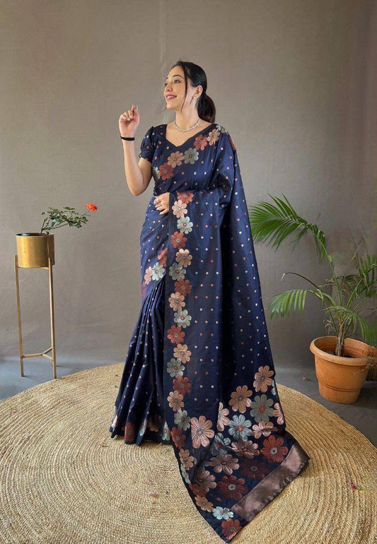 Trendy Navy Blue Soft Banarasi Silk Saree With Intricate Blouse Piece