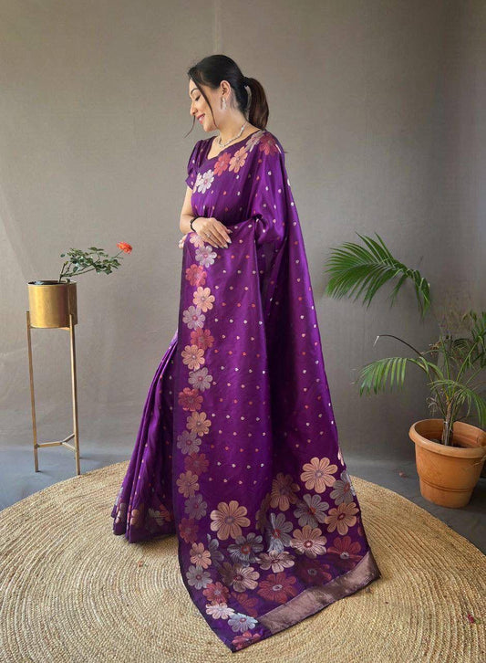 Deserving Purple Soft Banarasi Silk Saree With Hypnotic Blouse Piece