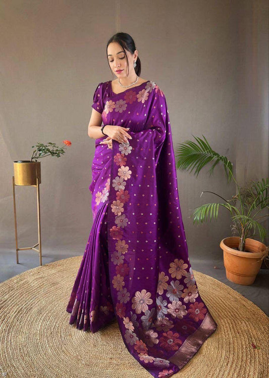 Deserving Purple Soft Banarasi Silk Saree With Hypnotic Blouse Piece