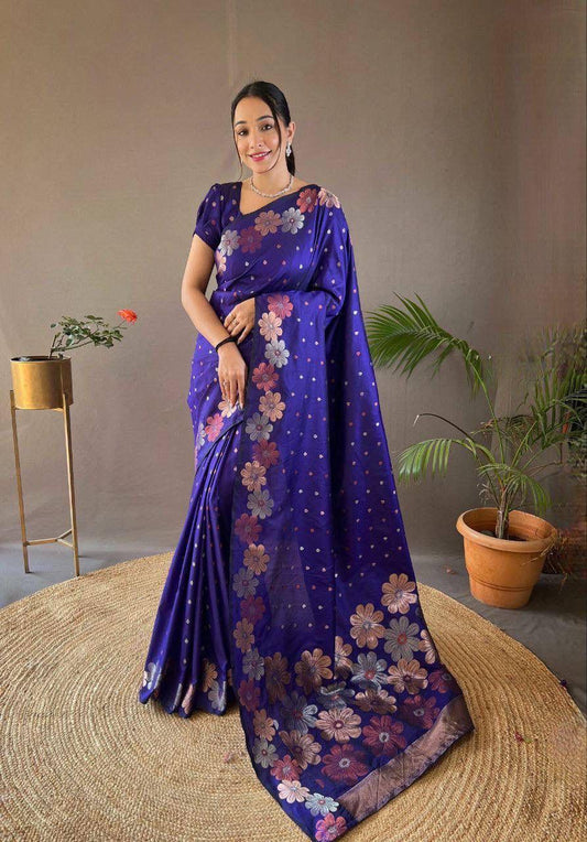 Deserving Royal Blue Soft Banarasi Silk Saree With Glorious Blouse Piece