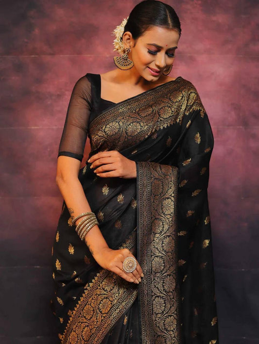 Exquisite Black Soft Silk Saree With Adoring Blouse Piece