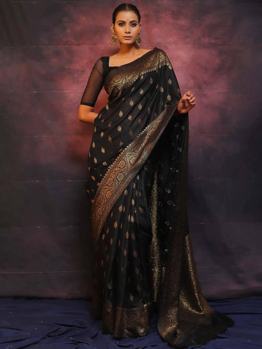 Exquisite Black Soft Silk Saree With Adoring Blouse Piece