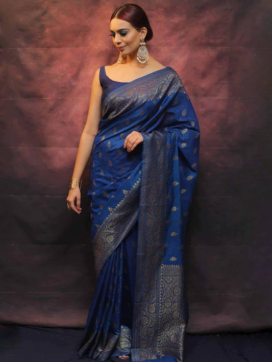 Beautiful Blue  Soft Silk Saree With Adoring Blouse Piece