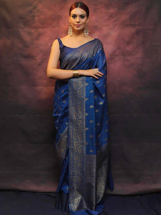 Beautiful Blue  Soft Silk Saree With Adoring Blouse Piece