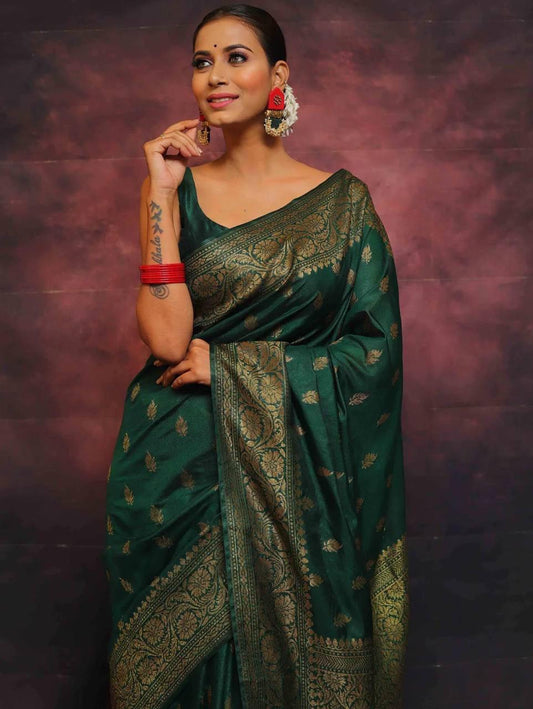 A glam Dark Green Soft Silk Saree With Marvellous Blouse Piece