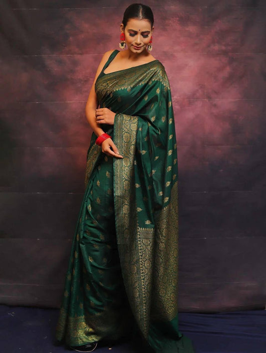A glam Dark Green Soft Silk Saree With Marvellous Blouse Piece