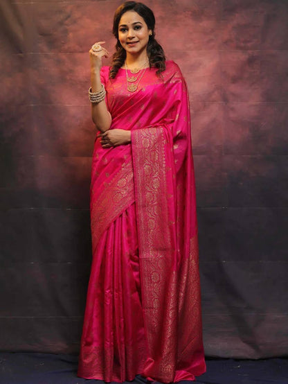 Quintessential Pink Soft Silk Saree With Divine Blouse Piece