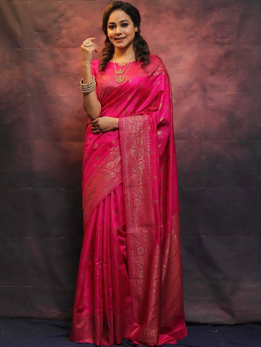 Quintessential Pink Soft Silk Saree With Divine Blouse Piece