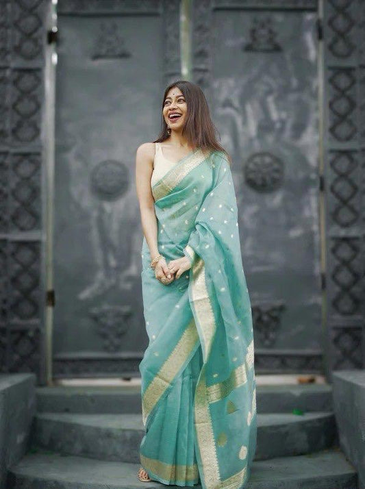 Vivacious Turquoise Linen Silk Saree With Incomparable Blouse Piece