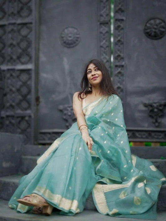 Vivacious Turquoise Linen Silk Saree With Incomparable Blouse Piece