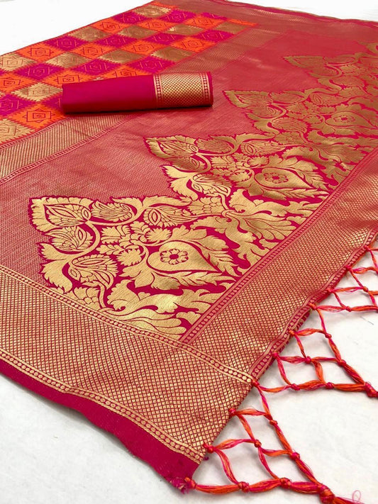 Snappy Pink Soft Banarasi Silk Saree With Gratifying Blouse Piece