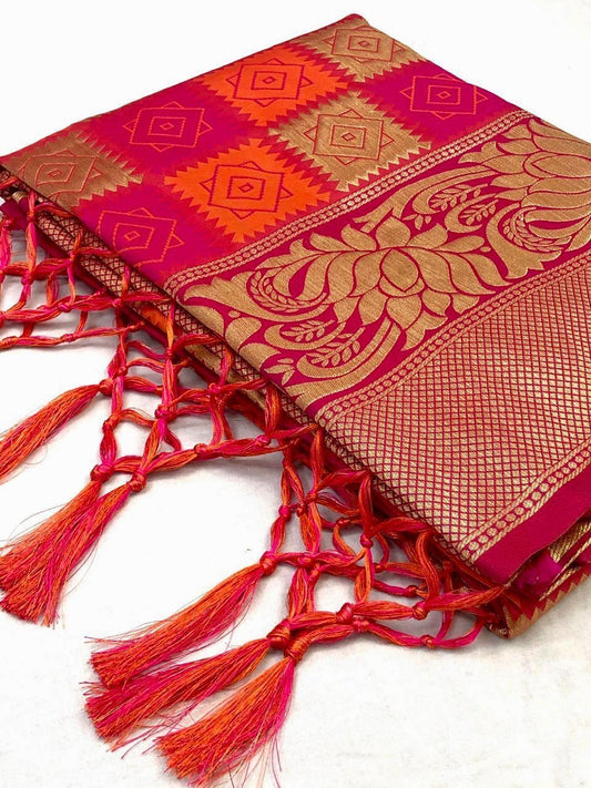 Snappy Pink Soft Banarasi Silk Saree With Gratifying Blouse Piece