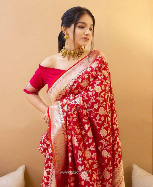 Classy Red Soft Banarasi Silk Saree With Entrancing Blouse Piece