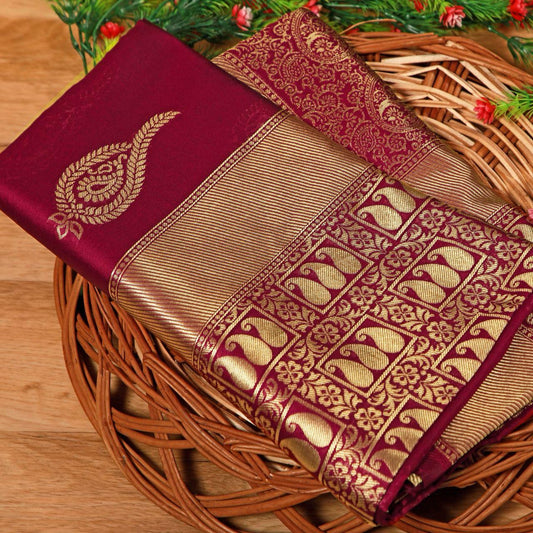 Unique Wine Soft Silk Saree With Wonderful Blouse Piece