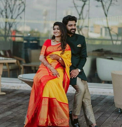 Sonorous Yellow Soft Banarasi Silk Saree With Most Stunning Blouse Piece