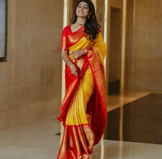 Sonorous Yellow Soft Banarasi Silk Saree With Most Stunning Blouse Piece