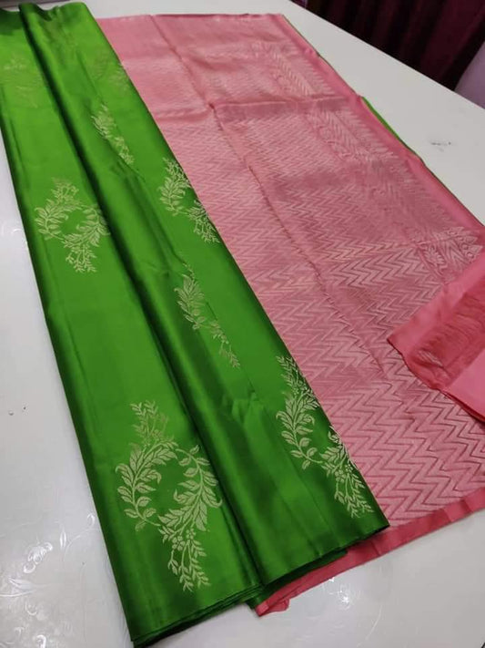 Exquisite Mehandi Soft Silk Saree With Profuse Blouse Piece