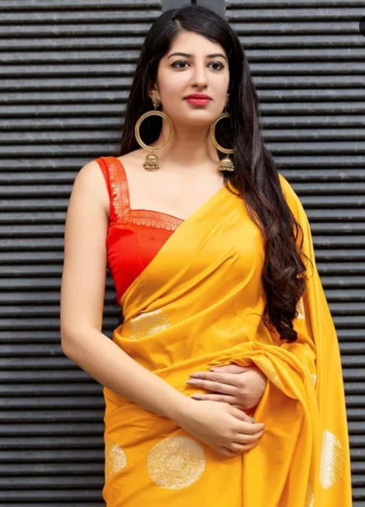 Improbable Yellow Soft Banarasi Silk Saree With Exuberant Blouse Piece