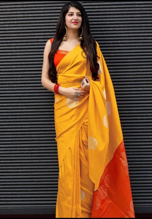 Improbable Yellow Soft Banarasi Silk Saree With Exuberant Blouse Piece