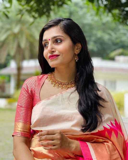 Fantabulous Beige Soft Silk Saree With Snazzy Blouse Piece