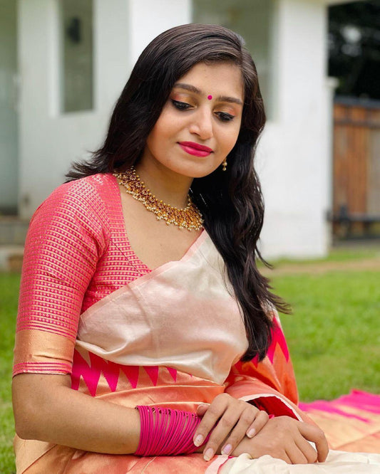 Fantabulous Beige Soft Silk Saree With Snazzy Blouse Piece