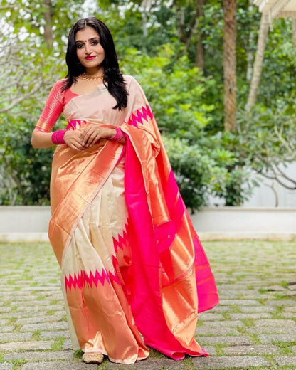 Fantabulous Beige Soft Silk Saree With Snazzy Blouse Piece